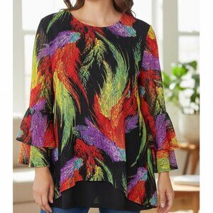 Calessa Layered Tunic Top Bell Sleeve L Tropical Multicolor Feather Print #342D